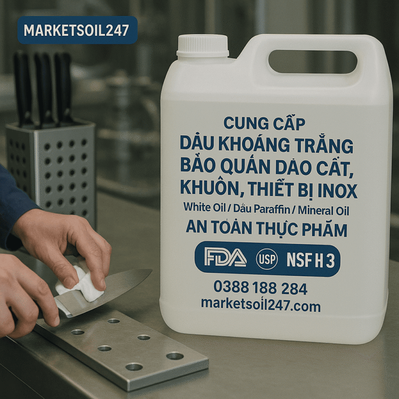Cung cấp Dầu khoáng bảo quản dao cắt khuôn thiết bị inox (Food Grade White Oil Anti-Corrosion) – White Oil / Dầu Paraffin / Mineral Oil An Toàn Thực Phẩm – đạt chuẩn FDA, USP, NSF H1 3H.