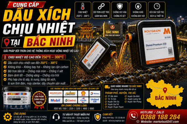 Cung cấp dầu xích chịu nhiệt tại Bắc Ninh 250–300°C cho lò nung, lò sấy, lò sơn tĩnh điện, băng tải xích, dây chuyền công nghiệp. Shell, Total, Klüber, Castrol, Mobil, Fuchs, Idemitsu, Molygraph, United Oil. High Temperature Chain Oil, 高温链条油