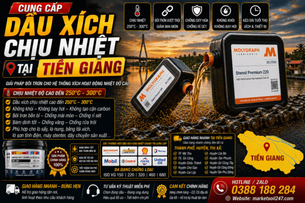 Cung cấp dầu xích chịu nhiệt tại Tiền Giang 250–300°C cho lò nung, lò sấy, lò sơn tĩnh điện, băng tải xích, dây chuyền công nghiệp. Shell, Total, Klüber, Castrol, Mobil, Fuchs, Idemitsu, Molygraph, United Oil. High Temperature Chain Oil, 高温链条油