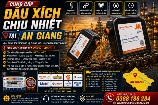Cung cấp dầu xích chịu nhiệt tại An Giang 250–300°C cho lò nung, lò sấy, lò sơn tĩnh điện, băng tải xích, dây chuyền công nghiệp. Shell, Total, Klüber, Castrol, Mobil, Fuchs, Idemitsu, Molygraph, United Oil. High Temperature Chain Oil, 高温链条油