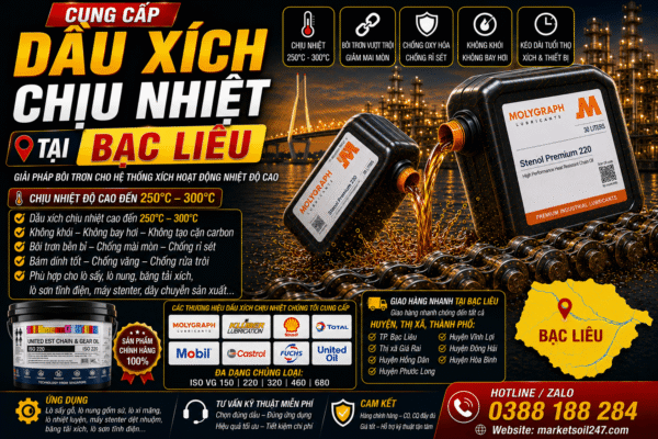 Cung cấp dầu xích chịu nhiệt tại Bạc Liêu 250–300°C cho lò nung, lò sấy, lò sơn tĩnh điện, băng tải xích, dây chuyền công nghiệp. Shell, Total, Klüber, Castrol, Mobil, Fuchs, Idemitsu, Molygraph, United Oil. High Temperature Chain Oil, 高温链条油