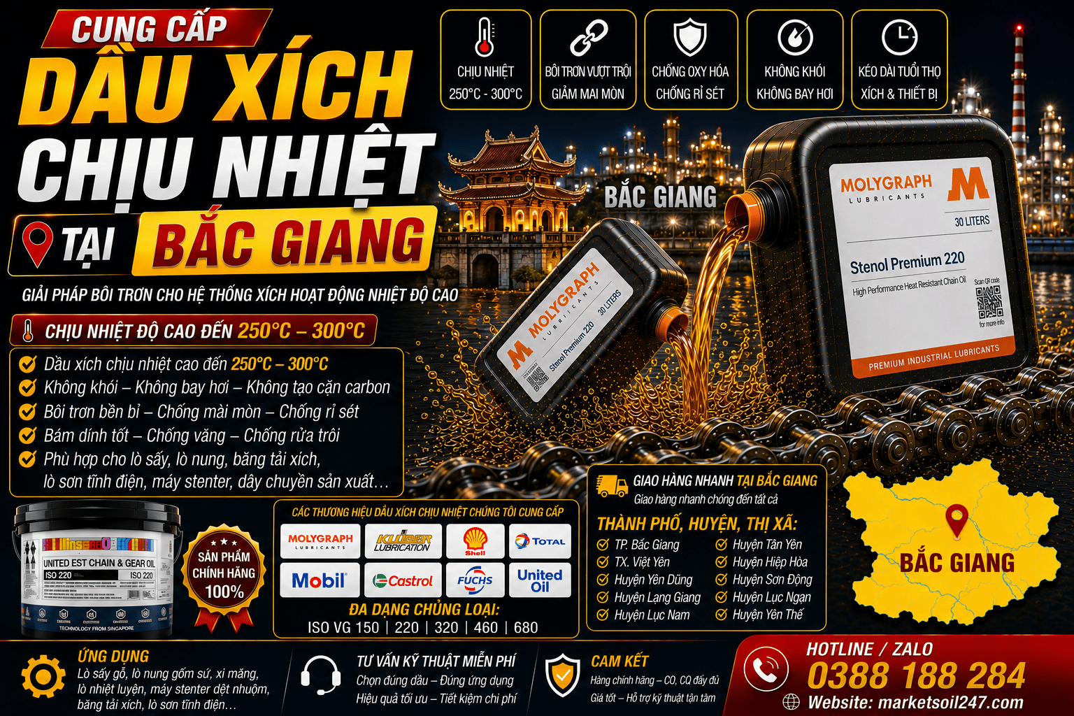 Cung cấp dầu xích chịu nhiệt tại Bắc Giang 17 Cung cấp dầu xích chịu nhiệt tại Bắc Ninh 250–300°C cho lò nung, lò sấy, lò sơn tĩnh điện, băng tải xích, dây chuyền công nghiệp. Shell, Total, Klüber, Castrol, Mobil, Fuchs, Idemitsu, Molygraph, United Oil. High Temperature Chain Oil, 高温链条油