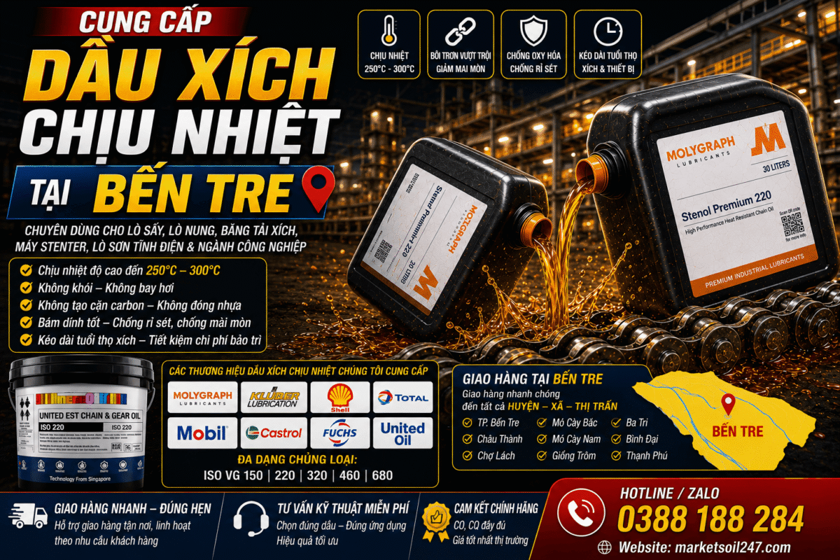 Cung cấp dầu xích chịu nhiệt tại Bến Tre 17 Cung cấp dầu xích chịu nhiệt tại Bến Tre 250–300°C cho lò nung, lò sấy, lò sơn tĩnh điện, băng tải xích, dây chuyền công nghiệp. Shell, Total, Klüber, Castrol, Mobil, Fuchs, Idemitsu, Molygraph, United. High Temperature Chain Oil, 高温链条油.