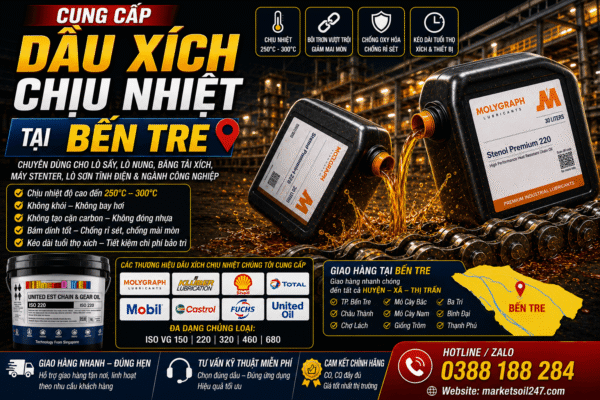 Cung cấp dầu xích chịu nhiệt tại Bến Tre 250–300°C cho lò nung, lò sấy, lò sơn tĩnh điện, băng tải xích, dây chuyền công nghiệp. Shell, Total, Klüber, Castrol, Mobil, Fuchs, Idemitsu, Molygraph, United. High Temperature Chain Oil, 高温链条油.