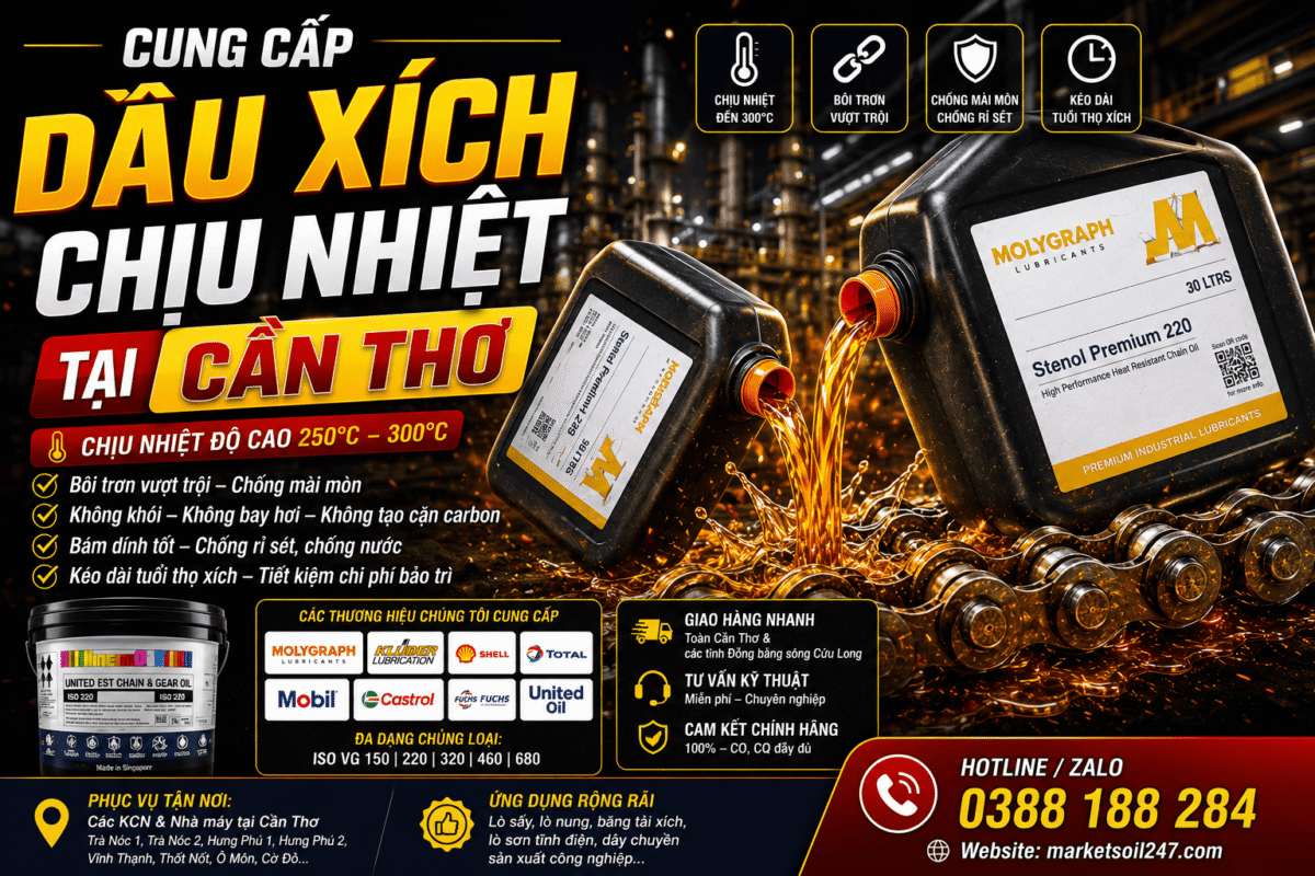 Cung cấp dầu xích chịu nhiệt tại Cần Thơ 17 Cung cấp dầu xích chịu nhiệt tại Cần Thơ 250–300°C cho lò nung, lò sấy, lò sơn tĩnh điện, băng tải xích, dây chuyền công nghiệp. High Temperature Chain Oil, 高温链条油. (1)