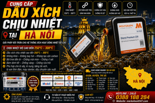 Cung cấp dầu xích chịu nhiệt tại Hà Nội 250–300°C cho lò nung, lò sấy, lò sơn tĩnh điện, băng tải xích, dây chuyền công nghiệp. Shell, Total, Klüber, Castrol, Mobil, Fuchs, Idemitsu, Molygraph, United Oil. High Temperature Chain Oil, 高温链条油