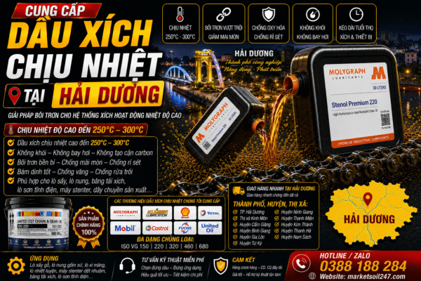 Cung cấp dầu xích chịu nhiệt tại Hải Dương 250–300°C cho lò nung, lò sấy, lò sơn tĩnh điện, băng tải xích, dây chuyền công nghiệp. Shell, Total, Klüber, Castrol, Mobil, Fuchs, Idemitsu, Molygraph, United Oil. High Temperature Chain Oil, 高温链条油