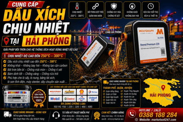 Cung cấp dầu xích chịu nhiệt tại Hải Phòng 250–300°C cho lò nung, lò sấy, lò sơn tĩnh điện, băng tải xích, dây chuyền công nghiệp. Shell, Total, Klüber, Castrol, Mobil, Fuchs, Idemitsu, Molygraph, United Oil. High Temperature Chain Oil, 高温链条油