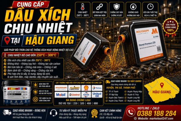 Cung cấp dầu xích chịu nhiệt tại Hậu Giang 250–300°C cho lò nung, lò sấy, lò sơn tĩnh điện, băng tải xích, dây chuyền công nghiệp. Shell, Total, Klüber, Castrol, Mobil, Fuchs, Idemitsu, Molygraph, United Oil. High Temperature Chain Oil, 高温链条油