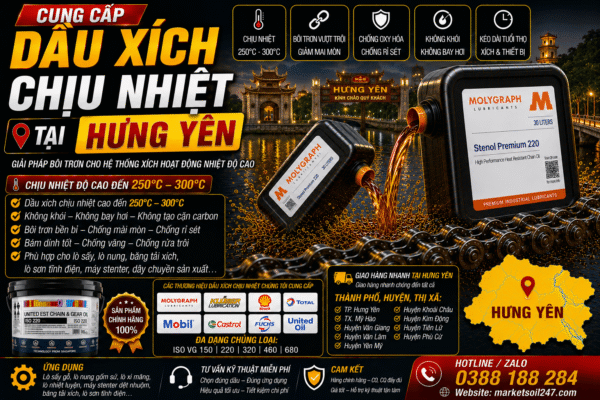 Cung cấp dầu xích chịu nhiệt tại Hưng Yên 250–300°C cho lò nung, lò sấy, lò sơn tĩnh điện, băng tải xích, dây chuyền công nghiệp. Shell, Total, Klüber, Castrol, Mobil, Fuchs, Idemitsu, Molygraph, United Oil. High Temperature Chain Oil, 高温链条油