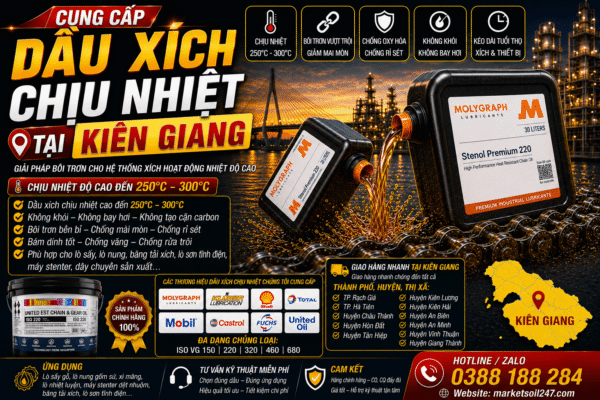Cung cấp dầu xích chịu nhiệt tại Kiên Giang 250–300°C cho lò nung, lò sấy, lò sơn tĩnh điện, băng tải xích, dây chuyền công nghiệp. Shell, Total, Klüber, Castrol, Mobil, Fuchs, Idemitsu, Molygraph, United Oil. High Temperature Chain Oil, 高温链条油