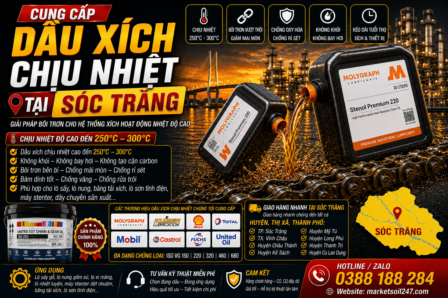 Cung cấp dầu xích chịu nhiệt tại Sóc Trăng 250–300°C cho lò nung, lò sấy, lò sơn tĩnh điện, băng tải xích, dây chuyền công nghiệp. Shell, Total, Klüber, Castrol, Mobil, Fuchs, Idemitsu, Molygraph, United Oil. High Temperature Chain Oil, 高温链条油