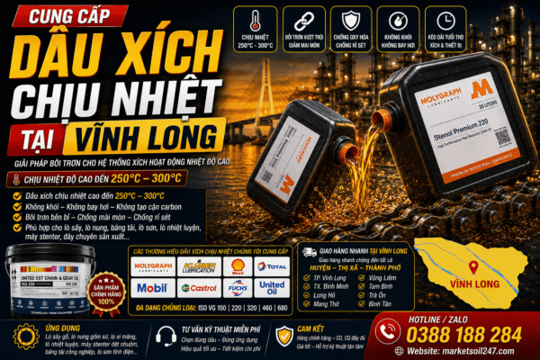Cung cấp dầu xích chịu nhiệt tại Vĩnh Long 250–300°C cho lò nung, lò sấy, lò sơn tĩnh điện, băng tải xích, dây chuyền công nghiệp. Shell, Total, Klüber, Castrol, Mobil, Fuchs, Idemitsu, Molygraph, United Oil. High Temperature Chain Oil, 高温链条油.