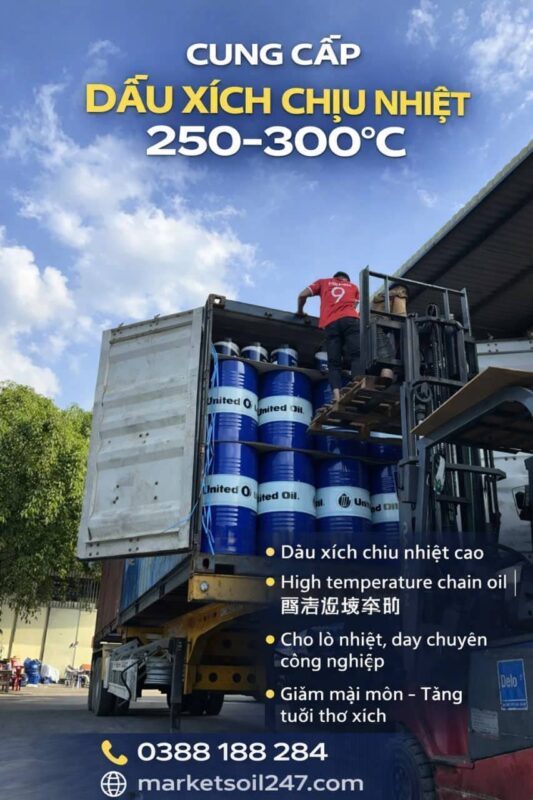 Cung cấp dầu xích chịu nhiệt tại Vĩnh Long 250–300°C cho lò nung, lò sấy, lò sơn tĩnh điện, băng tải xích, dây chuyền công nghiệp. Shell, Total, Klüber, Castrol, Mobil, Fuchs, Idemitsu, Molygraph, United Oil. High Temperature Chain Oil, 高温链条油.