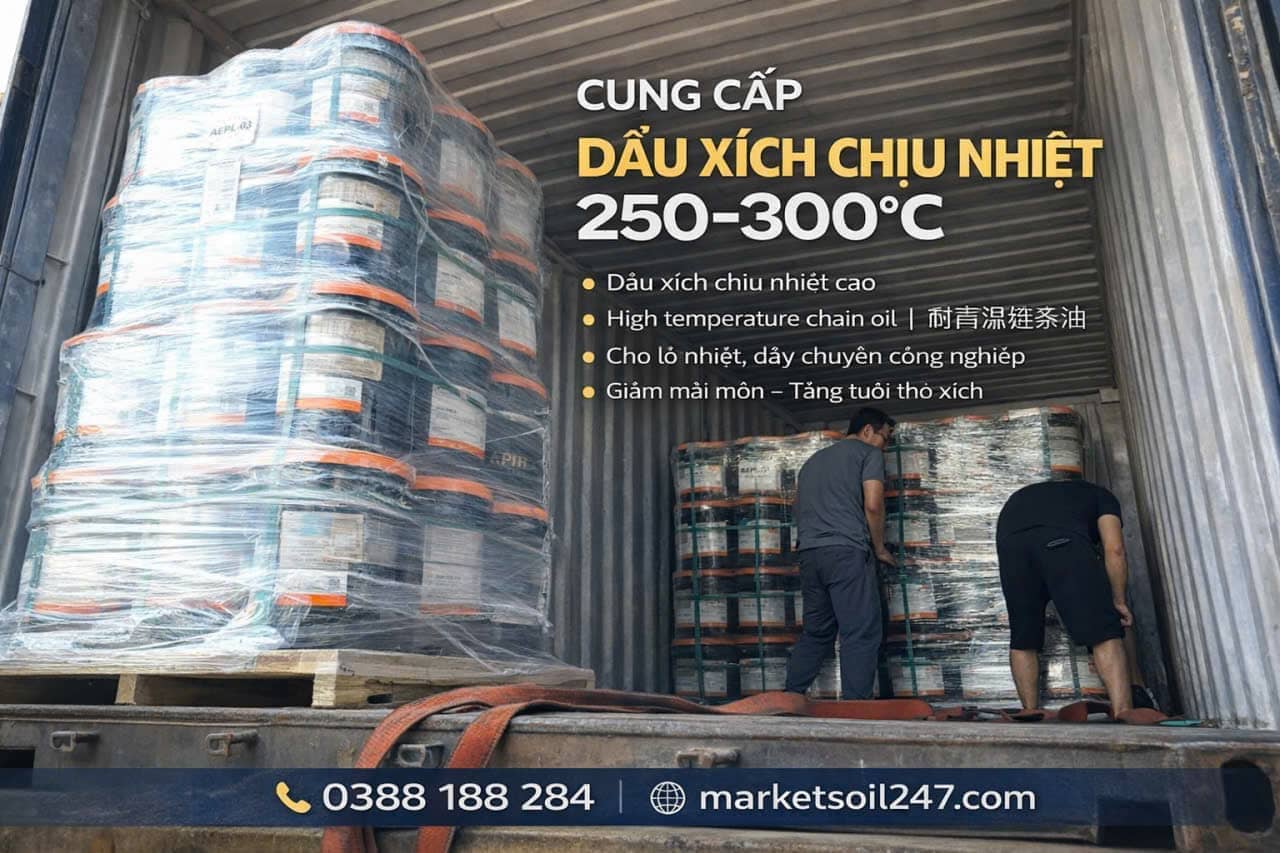 Cung cấp dầu xích chịu nhiệt tại Bắc Kạn 19 Cung cấp dầu xích chịu nhiệt tại Bắc Kạn 250–300°C cho lò nung, lò sấy, lò sơn tĩnh điện, băng tải xích, dây chuyền công nghiệp Shell, Total, Klüber, Castrol, Mobil, Fuchs, Idemitsu, Molygraph, United Oil High Temperature Chain Oil 高温链条油