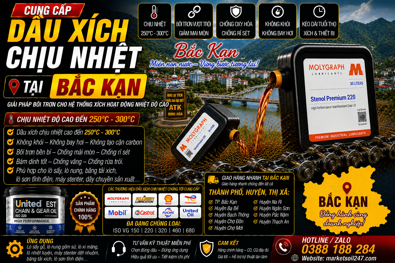 Cung cấp dầu xích chịu nhiệt tại Bắc Kạn 17 Cung cấp dầu xích chịu nhiệt tại Bắc Kạn 250–300°C cho lò nung, lò sấy, lò sơn tĩnh điện, băng tải xích, dây chuyền công nghiệp Shell, Total, Klüber, Castrol, Mobil, Fuchs, Idemitsu, Molygraph, United Oil High Temperature Chain Oil 高温链条油