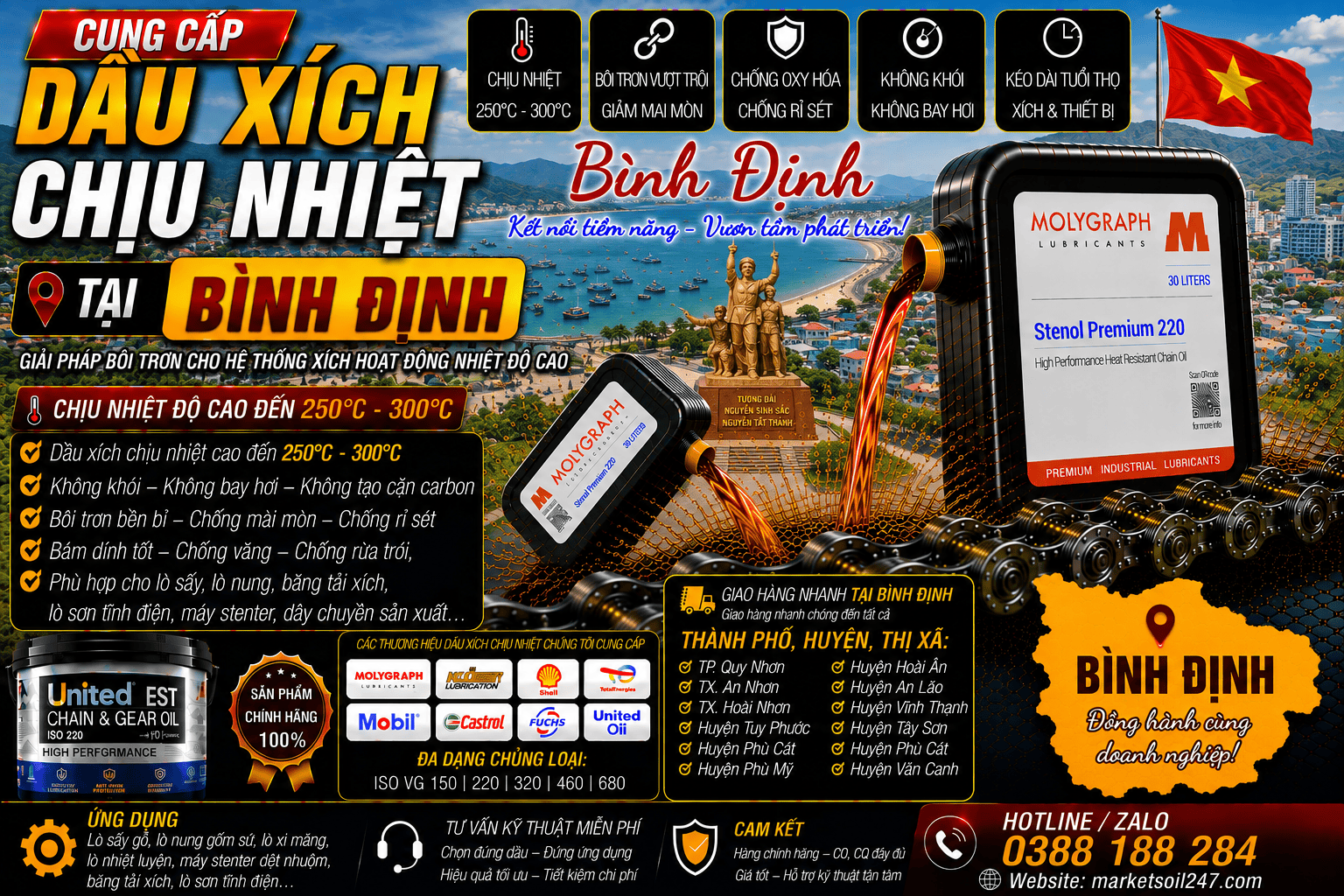 Cung cấp dầu xích chịu nhiệt tại Bình Định 17 Cung cấp dầu xích chịu nhiệt tại Bình Định 250–300°C cho lò nung, lò sấy, lò sơn tĩnh điện, băng tải xích, dây chuyền công nghiệp Shell, Total, Klüber, Castrol, Mobil, Fuchs, Idemitsu, Molygraph, United Oil High Temperature Chain Oil 高温链条油
