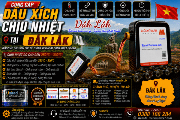 Cung cấp dầu xích chịu nhiệt tại Đắk Lắk 250–300°C cho lò nung, lò sấy, lò sơn tĩnh điện, băng tải xích, dây chuyền công nghiệp Shell, Total, Klüber, Castrol, Mobil, Fuchs, Idemitsu, Molygraph, United Oil High Temperature Chain Oil 高温链条油