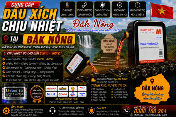 Cung cấp dầu xích chịu nhiệt tại Đắk Nông 250–300°C cho lò nung, lò sấy, lò sơn tĩnh điện, băng tải xích, dây chuyền công nghiệp Shell, Total, Klüber, Castrol, Mobil, Fuchs, Idemitsu, Molygraph, United Oil High Temperature Chain Oil 高温链条油