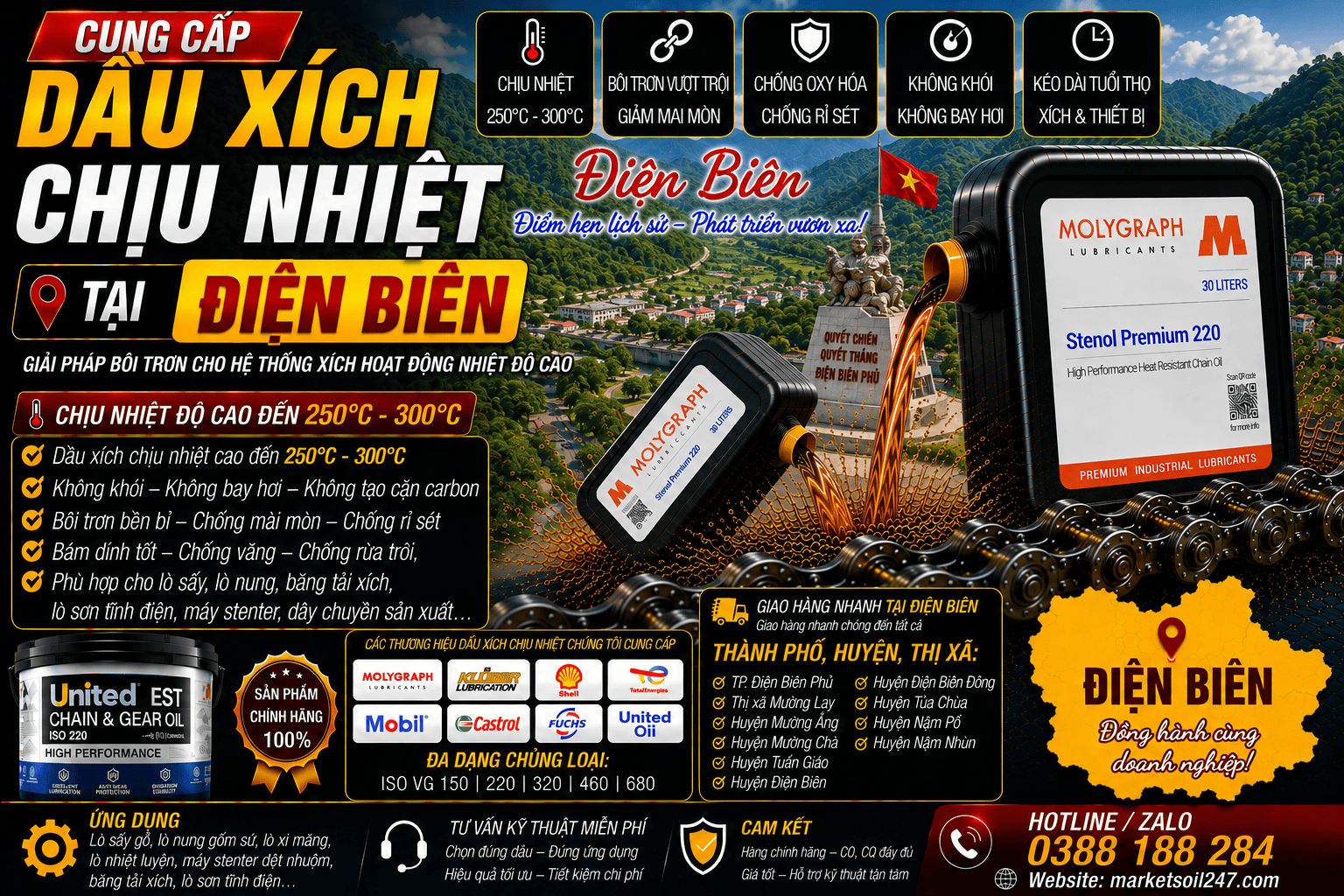 Cung cấp dầu xích chịu nhiệt tại Điện Biên 17 Cung cấp dầu xích chịu nhiệt tại Điện Biên 250–300°C cho lò nung, lò sấy, lò sơn tĩnh điện, băng tải xích, dây chuyền công nghiệp Shell, Total, Klüber, Castrol, Mobil, Fuchs, Idemitsu, Molygraph, United Oil High Temperature Chain Oil 高温链条油