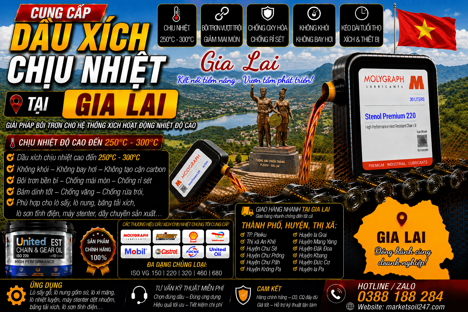 Cung cấp dầu xích chịu nhiệt tại Gia Lai 17 Cung cấp dầu xích chịu nhiệt tại Gia Lai 250–300°C cho lò nung, lò sấy, lò sơn tĩnh điện, băng tải xích, dây chuyền công nghiệp Shell, Total, Klüber, Castrol, Mobil, Fuchs, Idemitsu, Molygraph, United Oil High Temperature Chain Oil 高温链条油