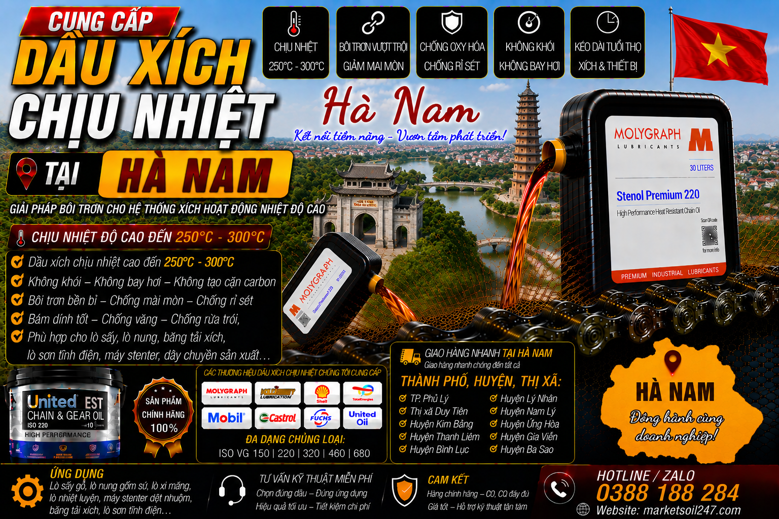 Cung cấp dầu xích chịu nhiệt tại Hà Nam 17 Cung cấp dầu xích chịu nhiệt tại Hà Nam 250–300°C cho lò nung, lò sấy, lò sơn tĩnh điện, băng tải xích, dây chuyền công nghiệp Shell, Total, Klüber, Castrol, Mobil, Fuchs, Idemitsu, Molygraph, United Oil High Temperature Chain Oil 高温链条油