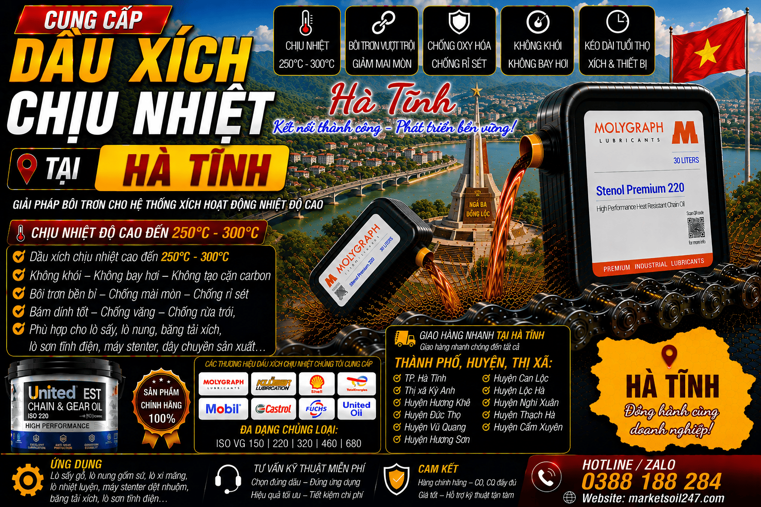 Cung cấp dầu xích chịu nhiệt tại Hà Tĩnh 17 Cung cấp dầu xích chịu nhiệt tại Hà Tĩnh 250–300°C cho lò nung, lò sấy, lò sơn tĩnh điện, băng tải xích, dây chuyền công nghiệp Shell, Total, Klüber, Castrol, Mobil, Fuchs, Idemitsu, Molygraph, United Oil High Temperature Chain Oil 高温链条油