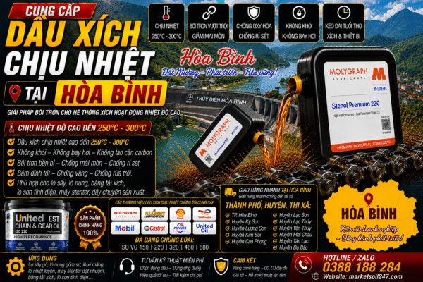 Cung cấp dầu xích chịu nhiệt tại Hòa Bình 250–300°C cho lò nung, lò sấy, lò sơn tĩnh điện, băng tải xích, dây chuyền công nghiệp Shell, Total, Klüber, Castrol, Mobil, Fuchs, Idemitsu, Molygraph, United Oil High Temperature Chain Oil 高温链条油