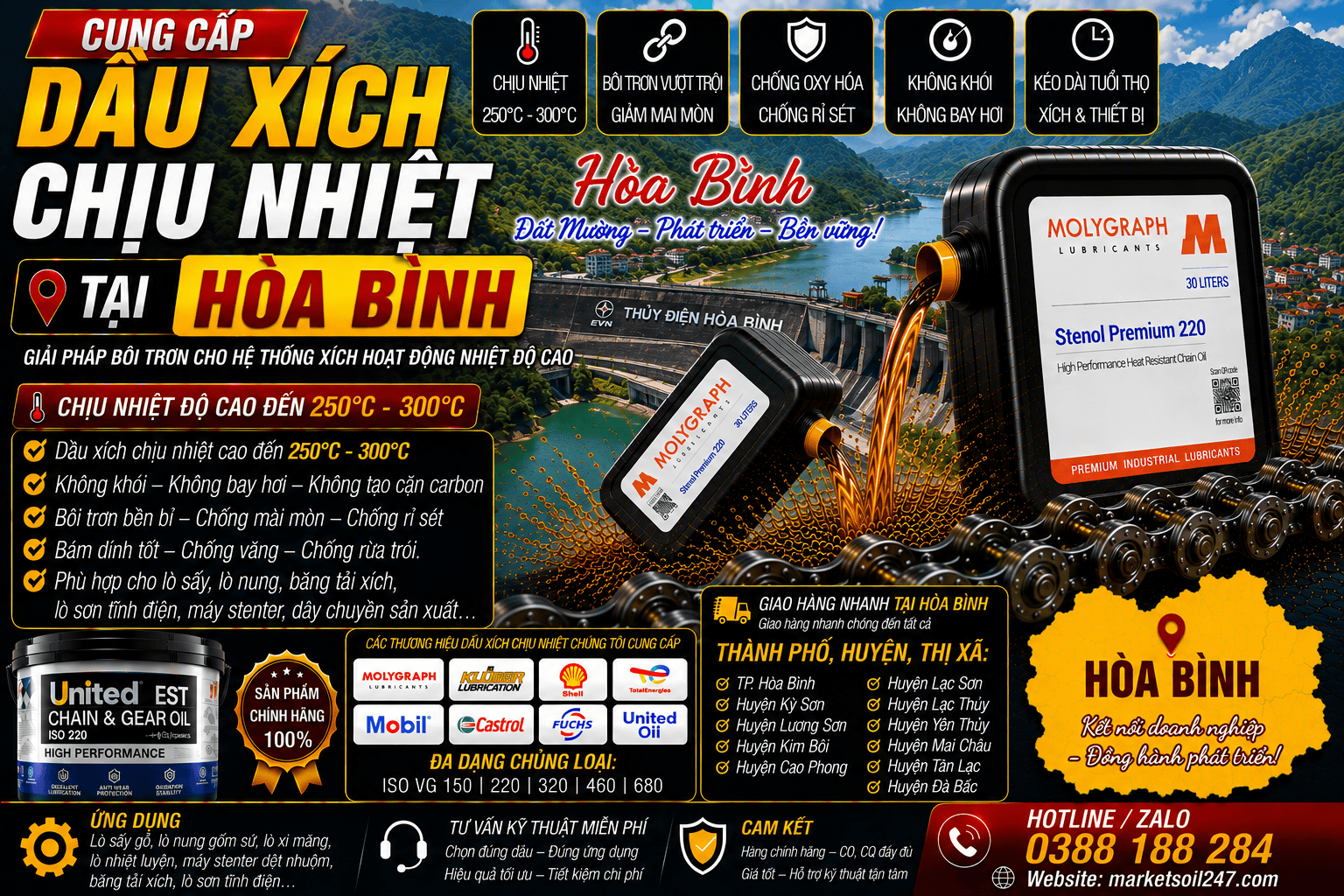 Cung cấp dầu xích chịu nhiệt tại Hòa Bình 17 Cung cấp dầu xích chịu nhiệt tại Hòa Bình 250–300°C cho lò nung, lò sấy, lò sơn tĩnh điện, băng tải xích, dây chuyền công nghiệp Shell, Total, Klüber, Castrol, Mobil, Fuchs, Idemitsu, Molygraph, United Oil High Temperature Chain Oil 高温链条油