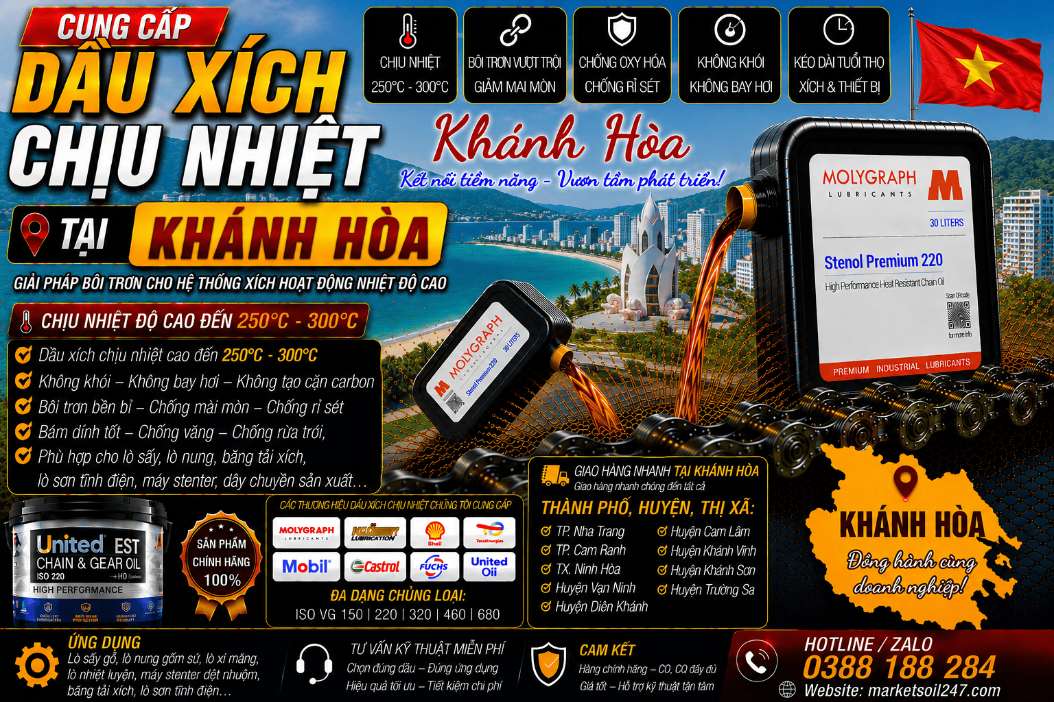 Cung cấp dầu xích chịu nhiệt tại Khánh Hòa 17 Cung cấp dầu xích chịu nhiệt tại Khánh Hòa 250–300°C cho lò nung, lò sấy, lò sơn tĩnh điện, băng tải xích, dây chuyền công nghiệp Shell, Total, Klüber, Castrol, Mobil, Fuchs, Idemitsu, Molygraph, United Oil High Temperature Chain Oil 高温链条油