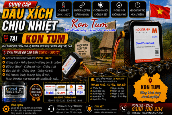 Cung cấp dầu xích chịu nhiệt tại Kon Tum 250–300°C cho lò nung, lò sấy, lò sơn tĩnh điện, băng tải xích, dây chuyền công nghiệp Shell, Total, Klüber, Castrol, Mobil, Fuchs, Idemitsu, Molygraph, United Oil High Temperature Chain Oil 高温链条油