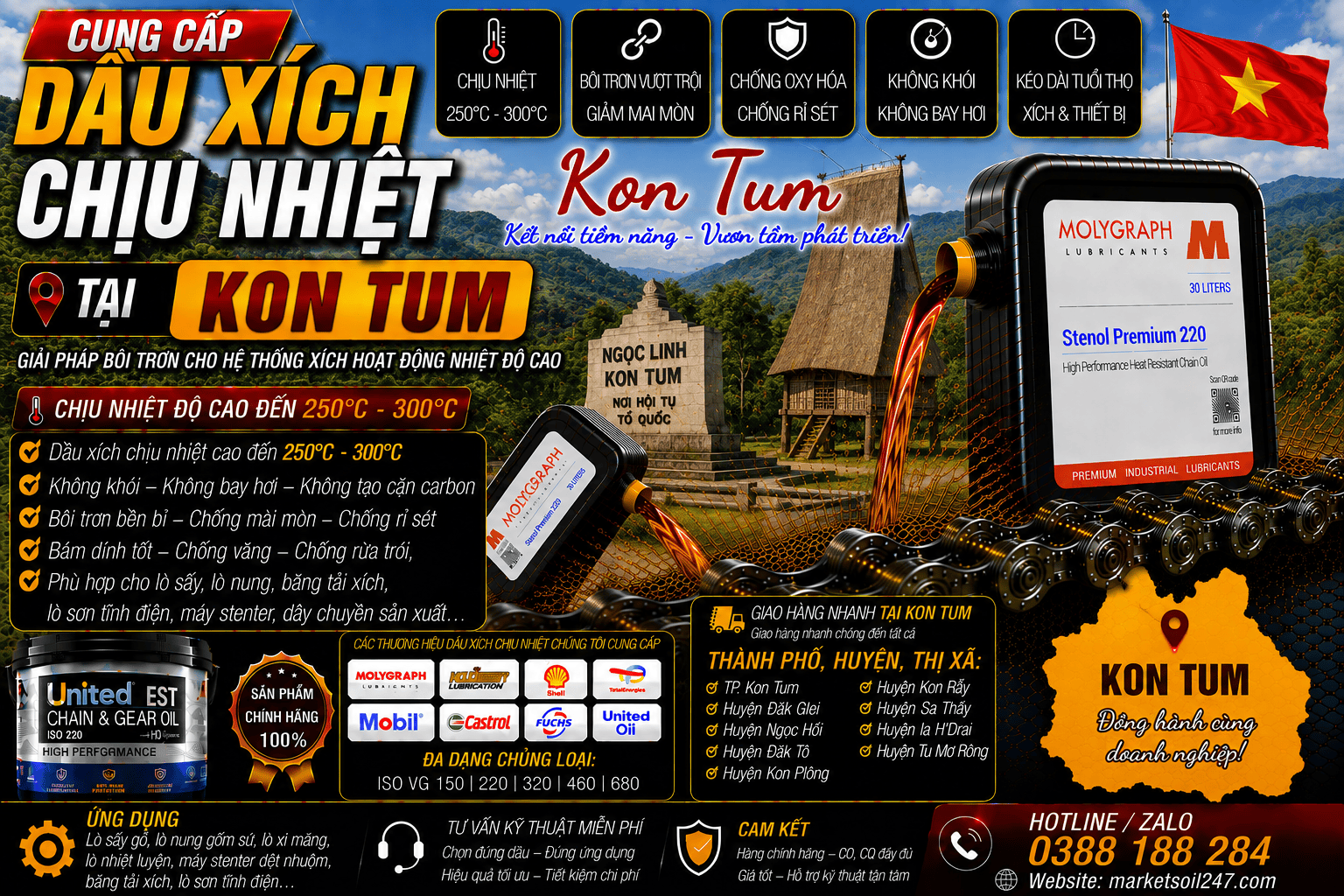 Cung cấp dầu xích chịu nhiệt tại Kon Tum 17 Cung cấp dầu xích chịu nhiệt tại Kon Tum 250–300°C cho lò nung, lò sấy, lò sơn tĩnh điện, băng tải xích, dây chuyền công nghiệp Shell, Total, Klüber, Castrol, Mobil, Fuchs, Idemitsu, Molygraph, United Oil High Temperature Chain Oil 高温链条油