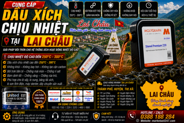 Cung cấp dầu xích chịu nhiệt tại Lai Châu 250–300°C cho lò nung, lò sấy, lò sơn tĩnh điện, băng tải xích, dây chuyền công nghiệp Shell, Total, Klüber, Castrol, Mobil, Fuchs, Idemitsu, Molygraph, United Oil High Temperature Chain Oil 高温链条油