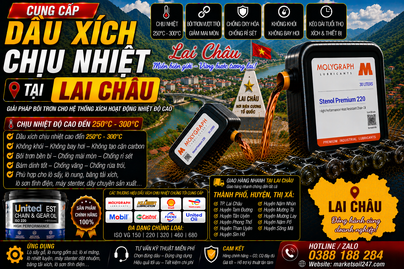 Cung cấp dầu xích chịu nhiệt tại Lai Châu 17 Cung cấp dầu xích chịu nhiệt tại Lai Châu 250–300°C cho lò nung, lò sấy, lò sơn tĩnh điện, băng tải xích, dây chuyền công nghiệp Shell, Total, Klüber, Castrol, Mobil, Fuchs, Idemitsu, Molygraph, United Oil High Temperature Chain Oil 高温链条油