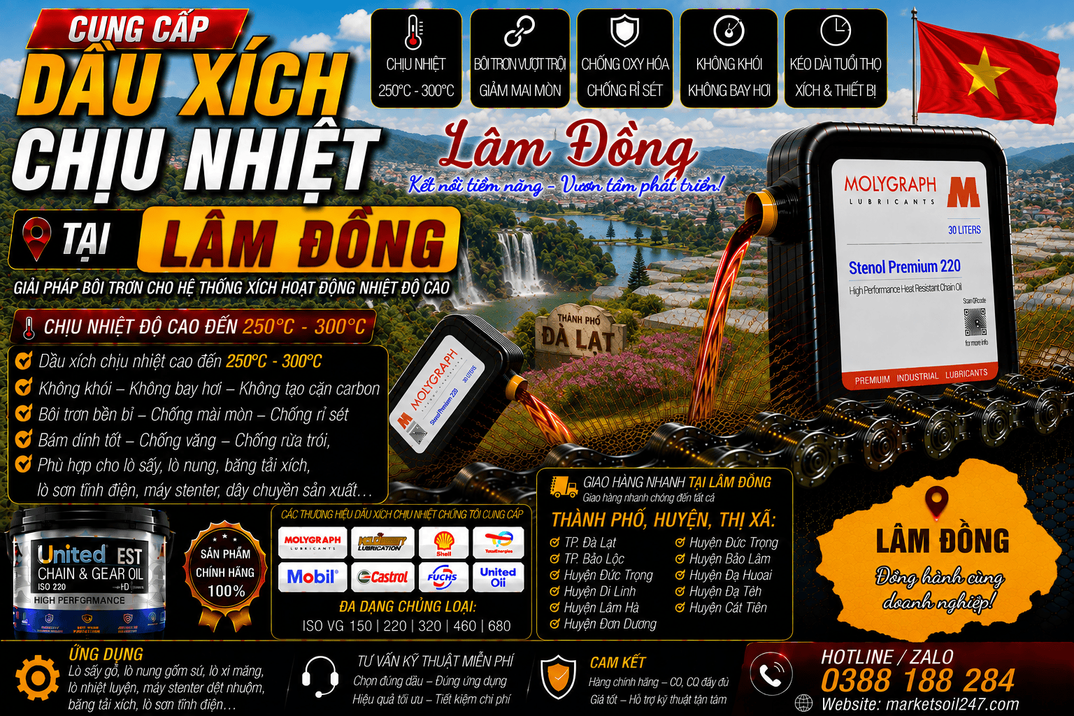 Cung cấp dầu xích chịu nhiệt tại Lâm Đồng 17 Cung cấp dầu xích chịu nhiệt tại Lâm Đồng 250–300°C cho lò nung, lò sấy, lò sơn tĩnh điện, băng tải xích, dây chuyền công nghiệp Shell, Total, Klüber, Castrol, Mobil, Fuchs, Idemitsu, Molygraph, United Oil High Temperature Chain Oil 高温链条油