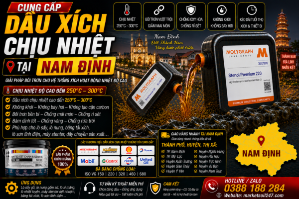 Cung cấp dầu xích chịu nhiệt tại Nam Định 874 Cung cấp dầu xích chịu nhiệt tại Nam Định 250–300°C - cho lò nung, lò sấy, lò sơn tĩnh điện, băng tải xích, dây chuyền công nghiệp Shell, Total, Klüber, Castrol, Mobil, Fuchs, Idemitsu, Molygraph, United Oil High Temperature Chain Oil 高温链条油