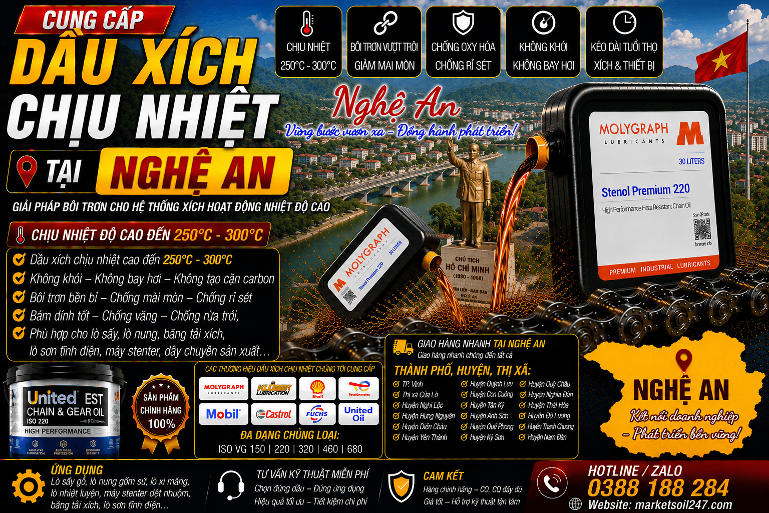 Cung cấp dầu xích chịu nhiệt tại Nghệ An 17 Cung cấp dầu xích chịu nhiệt tại Nghệ An 250–300°C cho lò nung, lò sấy, lò sơn tĩnh điện, băng tải xích, dây chuyền công nghiệp Shell, Total, Klüber, Castrol, Mobil, Fuchs, Idemitsu, Molygraph, United Oil High Temperature Chain Oil 高温链条油