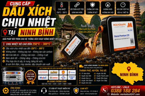 Cung cấp dầu xích chịu nhiệt tại Ninh Bình 764 Cung cấp dầu xích chịu nhiệt tại Ninh Bình 250–300°C - cho lò nung, lò sấy, lò sơn tĩnh điện, băng tải xích, dây chuyền công nghiệp Shell, Total, Klüber, Castrol, Mobil, Fuchs, Idemitsu, Molygraph, United Oil High Temperature Chain Oil 高温链条油