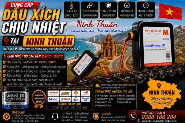 Cung cấp dầu xích chịu nhiệt tại Ninh Thuận 250–300°C cho lò nung, lò sấy, lò sơn tĩnh điện, băng tải xích, dây chuyền công nghiệp Shell, Total, Klüber, Castrol, Mobil, Fuchs, Idemitsu, Molygraph, United Oil High Temperature Chain Oil 高温链条油