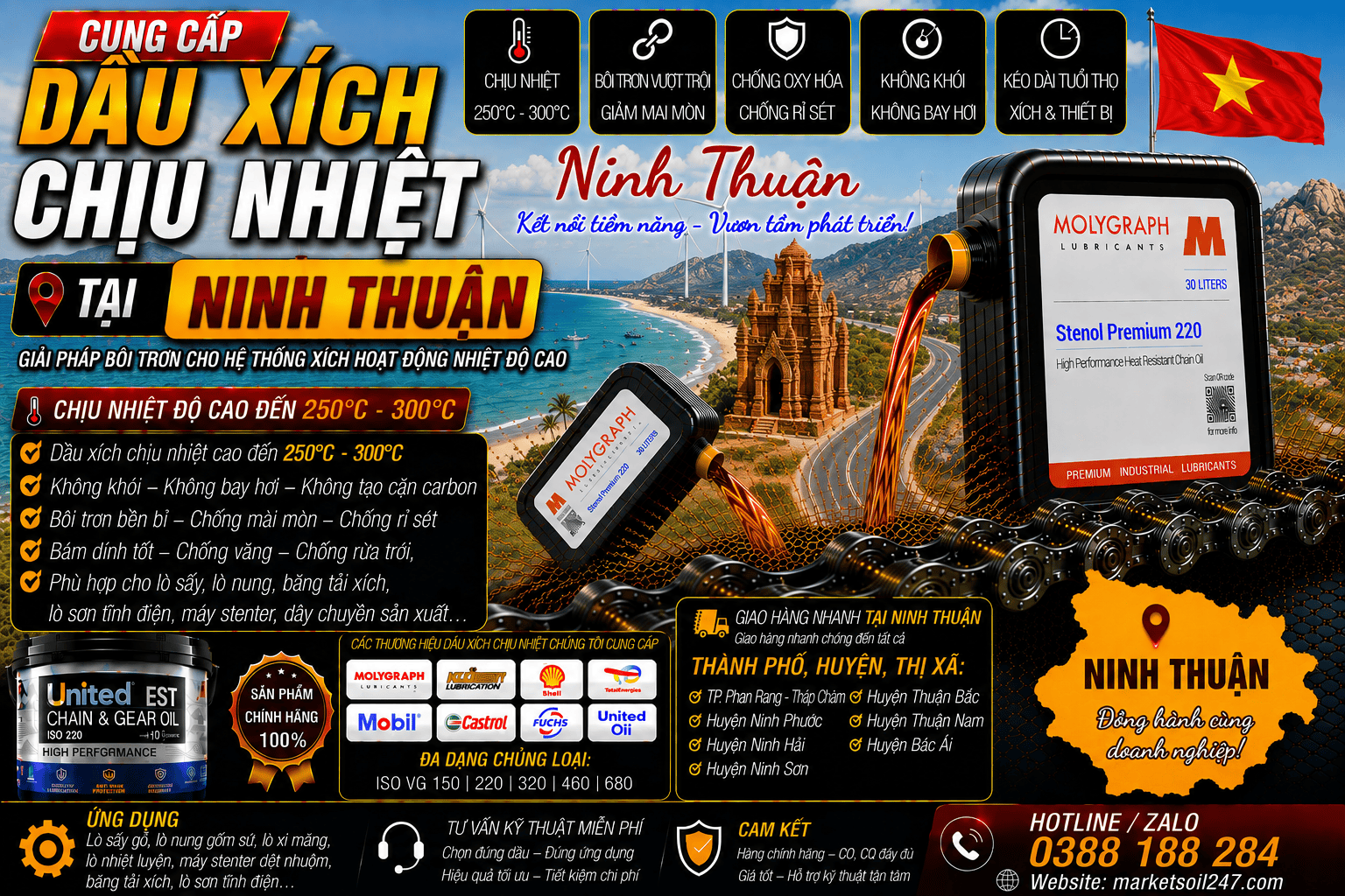 Cung cấp dầu xích chịu nhiệt tại Ninh Thuận 17 Cung cấp dầu xích chịu nhiệt tại Ninh Thuận 250–300°C cho lò nung, lò sấy, lò sơn tĩnh điện, băng tải xích, dây chuyền công nghiệp Shell, Total, Klüber, Castrol, Mobil, Fuchs, Idemitsu, Molygraph, United Oil High Temperature Chain Oil 高温链条油