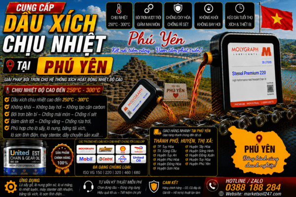 Cung cấp dầu xích chịu nhiệt tại Phú Yên 250–300°C cho lò nung, lò sấy, lò sơn tĩnh điện, băng tải xích, dây chuyền công nghiệp Shell, Total, Klüber, Castrol, Mobil, Fuchs, Idemitsu, Molygraph, United Oil High Temperature Chain Oil 高温链条油