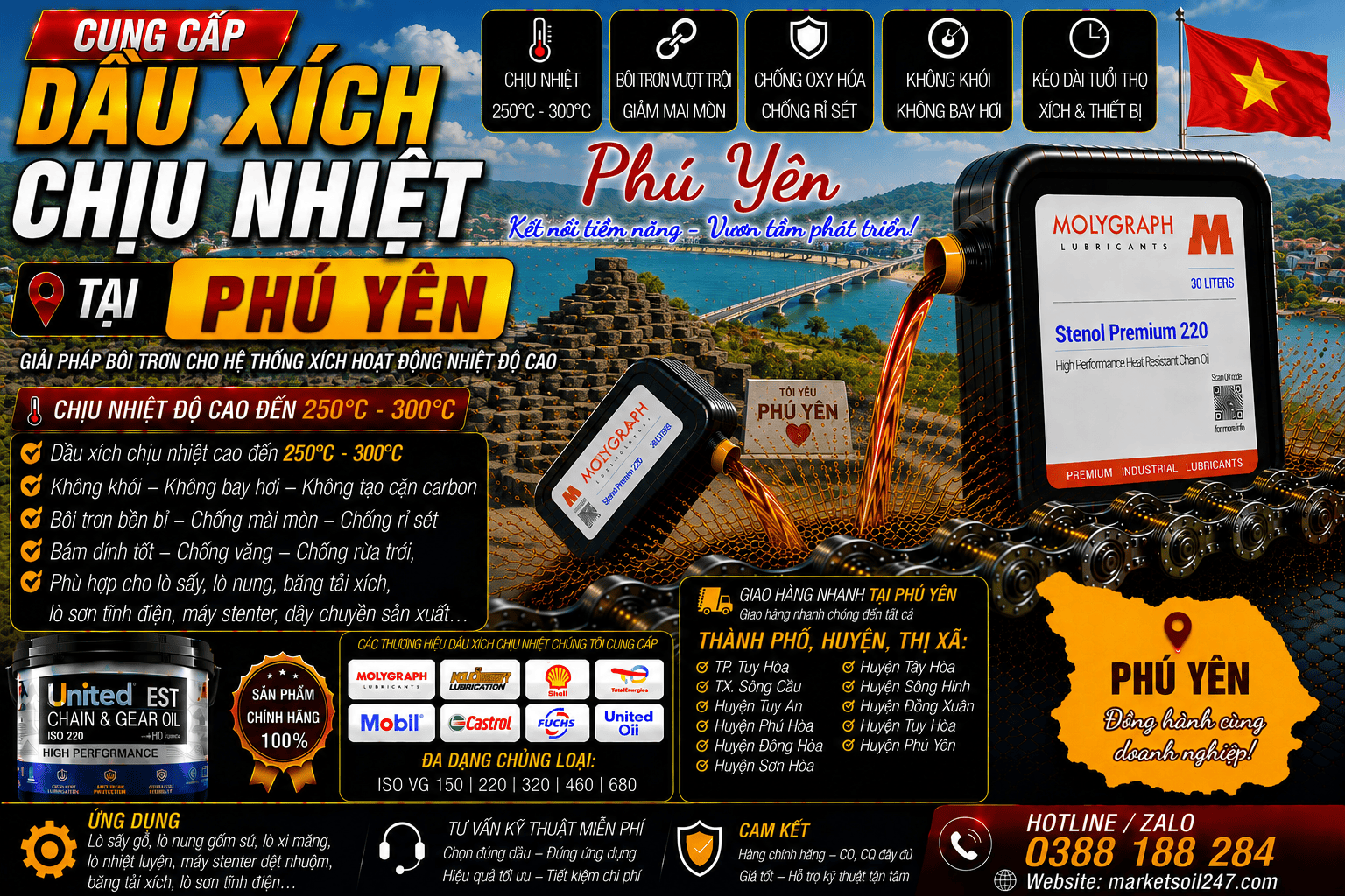Cung cấp dầu xích chịu nhiệt tại Phú Yên 17 Cung cấp dầu xích chịu nhiệt tại Phú Yên 250–300°C cho lò nung, lò sấy, lò sơn tĩnh điện, băng tải xích, dây chuyền công nghiệp Shell, Total, Klüber, Castrol, Mobil, Fuchs, Idemitsu, Molygraph, United Oil High Temperature Chain Oil 高温链条油