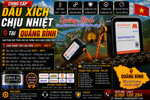 Cung cấp dầu xích chịu nhiệt tại Quảng Bình 1 Cung cấp dầu xích chịu nhiệt tại Quảng Bình 250–300°C cho lò nung, lò sấy, lò sơn tĩnh điện, băng tải xích, dây chuyền công nghiệp Shell, Total, Klüber, Castrol, Mobil, Fuchs, Idemitsu, Molygraph, United Oil High Temperature Chain Oil 高温链条油
