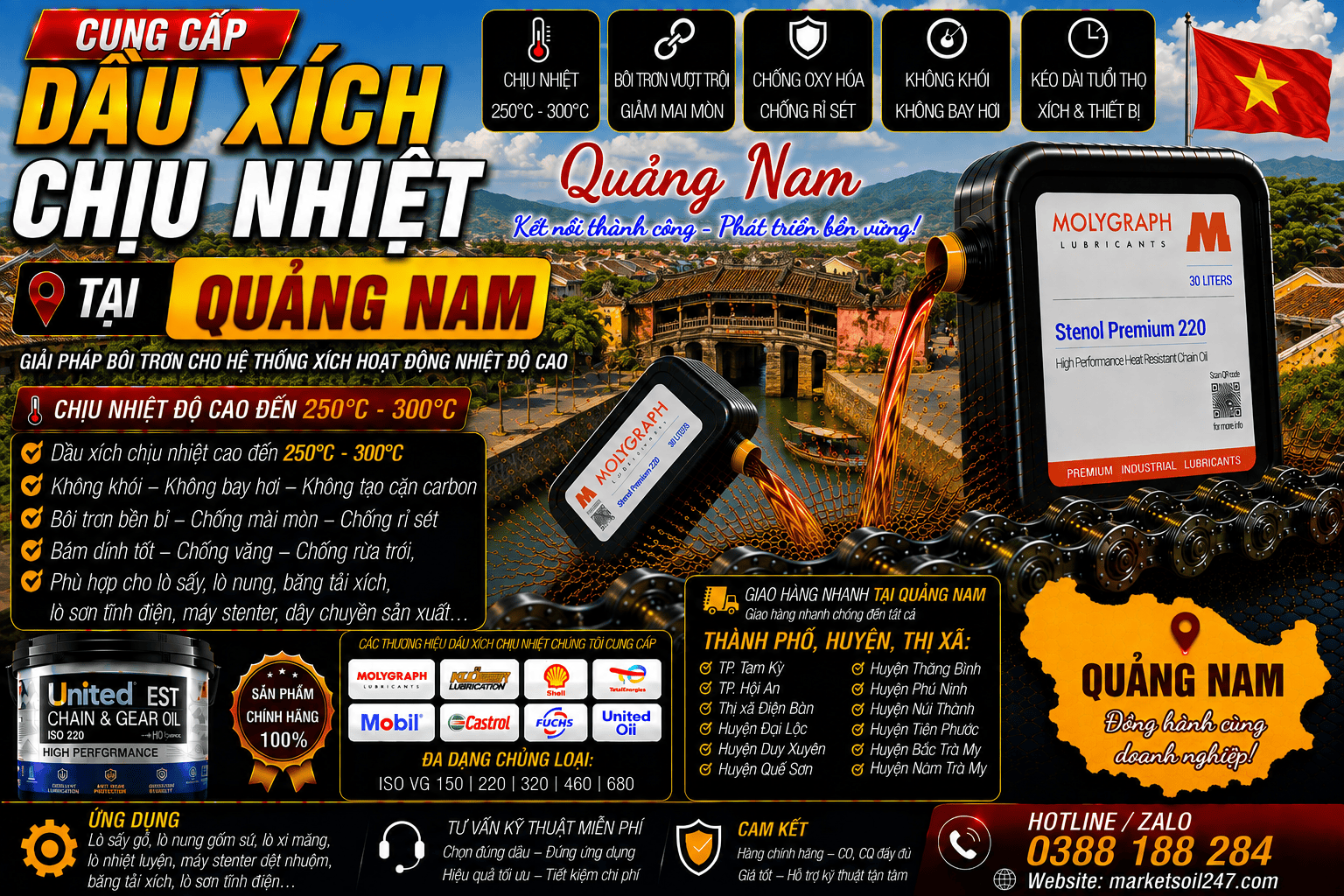 Cung cấp dầu xích chịu nhiệt tại Quảng Nam 17 Cung cấp dầu xích chịu nhiệt tại Quảng Nam 250–300°C cho lò nung, lò sấy, lò sơn tĩnh điện, băng tải xích, dây chuyền công nghiệp Shell, Total, Klüber, Castrol, Mobil, Fuchs, Idemitsu, Molygraph, United Oil High Temperature Chain Oil 高温链条油