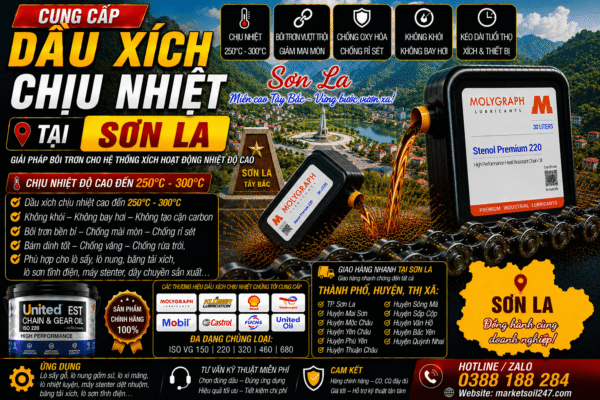 Cung cấp dầu xích chịu nhiệt tại Sơn La 250–300°C cho lò nung, lò sấy, lò sơn tĩnh điện, băng tải xích, dây chuyền công nghiệp Shell, Total, Klüber, Castrol, Mobil, Fuchs, Idemitsu, Molygraph, United Oil High Temperature Chain Oil 高温链条油