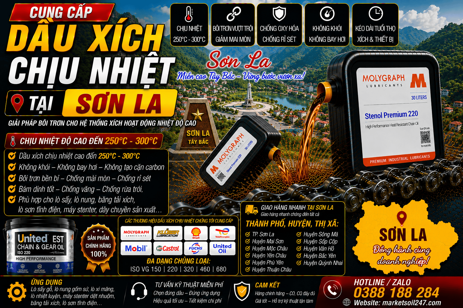 Cung cấp dầu xích chịu nhiệt tại Sơn La 17 Cung cấp dầu xích chịu nhiệt tại Sơn La 250–300°C cho lò nung, lò sấy, lò sơn tĩnh điện, băng tải xích, dây chuyền công nghiệp Shell, Total, Klüber, Castrol, Mobil, Fuchs, Idemitsu, Molygraph, United Oil High Temperature Chain Oil 高温链条油