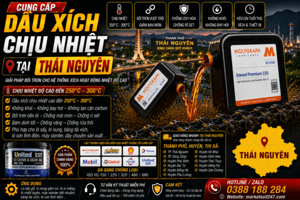 Cung cấp dầu xích chịu nhiệt tại Thái Nguyên 1340 Cung cấp dầu xích chịu nhiệt tại Thái Nguyên 250–300°C cho lò nung, lò sấy, lò sơn tĩnh điện, băng tải xích, dây chuyền công nghiệp Shell, Total, Klüber, Castrol, Mobil, Fuchs, Idemitsu, Molygraph, United Oil High Temperature Chain Oil 高温链条油