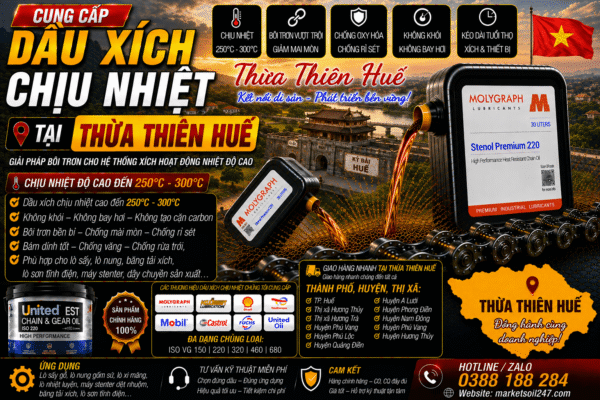 Cung cấp dầu xích chịu nhiệt tại Thừa Thiên Huế 1 Cung cấp dầu xích chịu nhiệt tại Thừa Thiên Huế 250–300°C cho lò nung, lò sấy, lò sơn tĩnh điện, băng tải xích, dây chuyền công nghiệp Shell, Total, Klüber, Castrol, Mobil, Fuchs, Idemitsu, Molygraph, United Oil High Temperature Chain Oil 高温链条油