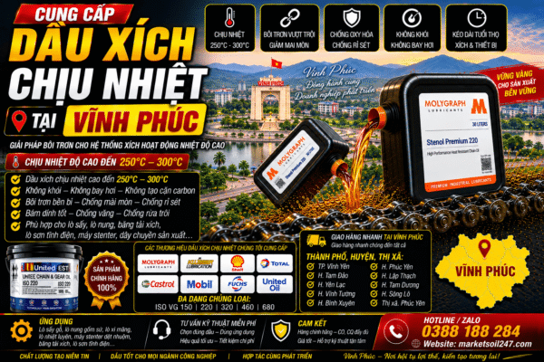 Cung cấp dầu xích chịu nhiệt tại Vĩnh Phúc 139 Cung cấp dầu xích chịu nhiệt tại Vĩnh Phúc 250–300°C - cho lò nung, lò sấy, lò sơn tĩnh điện, băng tải xích, dây chuyền công nghiệp Shell, Total, Klüber, Castrol, Mobil, Fuchs, Idemitsu, Molygraph, United Oil High Temperature Chain Oil 高温链条油
