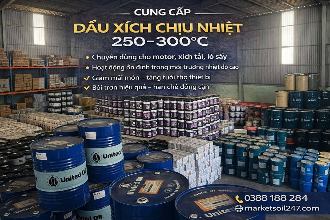 Cung cấp dầu xích chịu nhiệt tại Yên Bái 18 Cung cấp dầu xích chịu nhiệt tại Yên Bái 250–300°C cho lò nung, lò sấy, lò sơn tĩnh điện, băng tải xích, dây chuyền công nghiệp Shell, Total, Klüber, Castrol, Mobil, Fuchs, Idemitsu, Molygraph, United Oil High Temperature Chain Oil 高温链条油